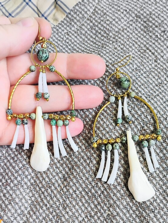 Handmade Jewelry - XXL Buffalo Tooth, Tusk Shell, And African Turquoise Chandelier Earrings